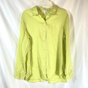 J Jill Love Linen Women's Pure 100% Linen Green Small Woven Lagenlook Button Up